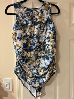 Floral High-Neck One-Piece Swimsuit in Blue, White, Olive